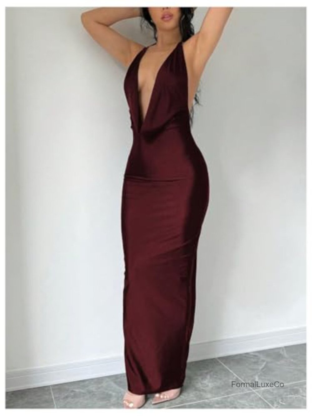 Halter Tie Backless Bodycon Maxi Dress with Cowl Neck, Formal - Picture 2 of 2